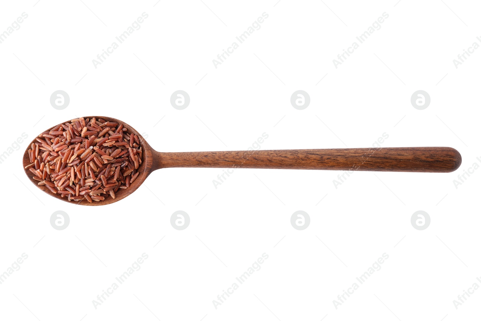 Photo of Brown rice in spoon isolated on white, top view