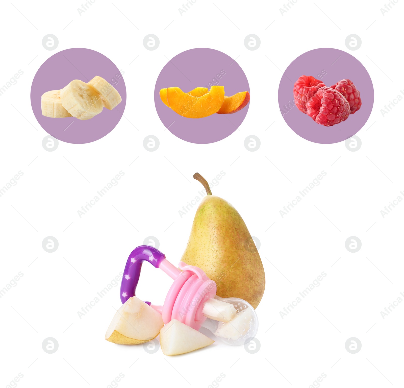 Image of Collage with photos of nibbler on white background and different fruits. Baby feeder