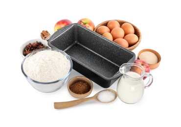 Photo of Empty baking tray and different ingredients on white background. Yeast pastry
