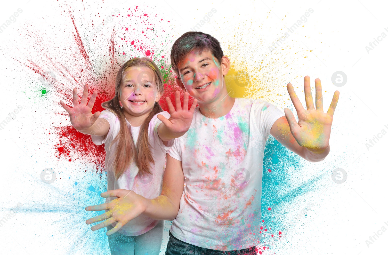 Image of Holi festival celebration. Happy friends covered with colorful powder dyes on white background