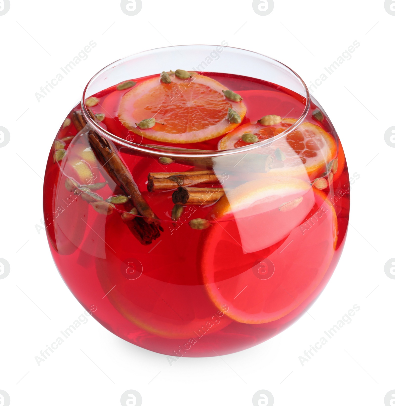 Photo of Glass bowl of aromatic punch drink isolated on white