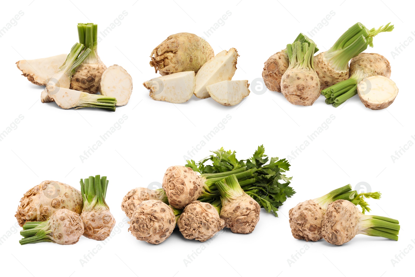 Image of Whole and sliced celery roots isolated on white, collage design