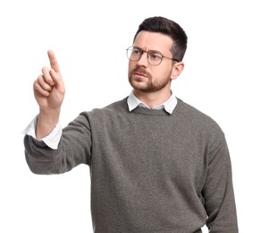 Photo of Handsome bearded businessman in eyeglasses gesturing on white background