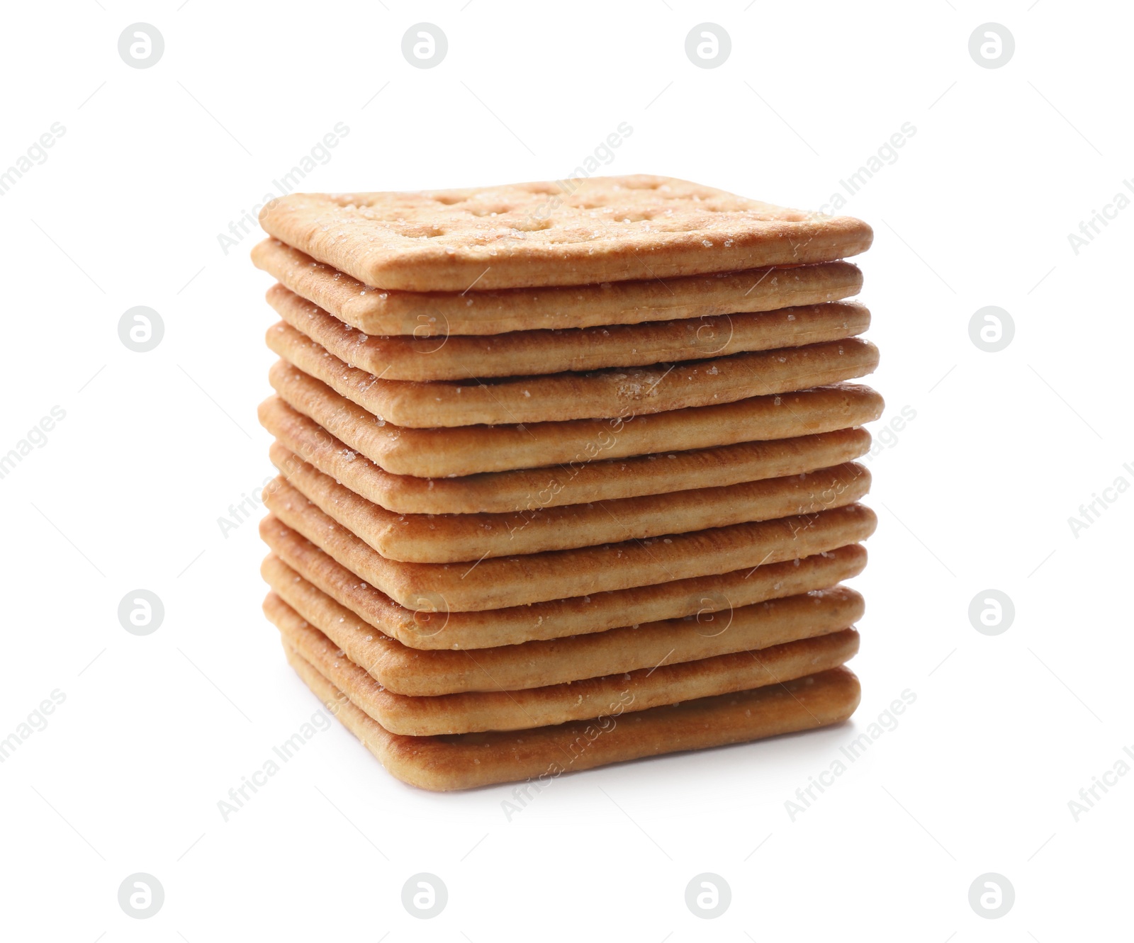 Photo of Stack of delicious crispy crackers isolated on white