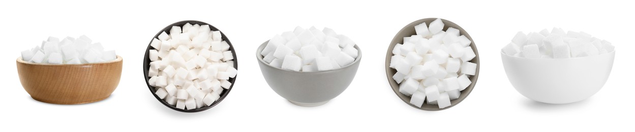 Sugar cubes in bowls isolated on white, set