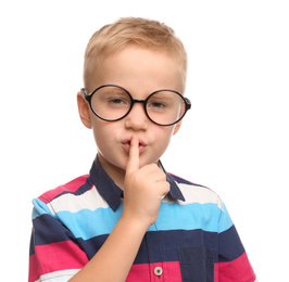 Photo of Portrait of cute little boy with glasses on white background