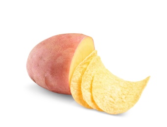 Raw potato and tasty chips on white background