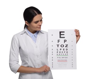 Photo of Ophthalmologist with vision test chart on white background