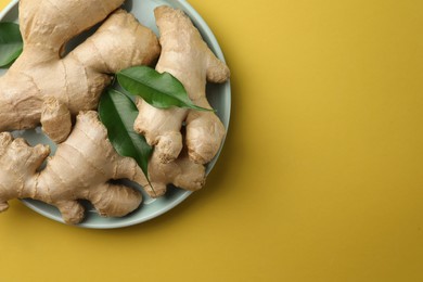 Photo of Fresh ginger with green leaves on pale light yellow background, top view. Space for text