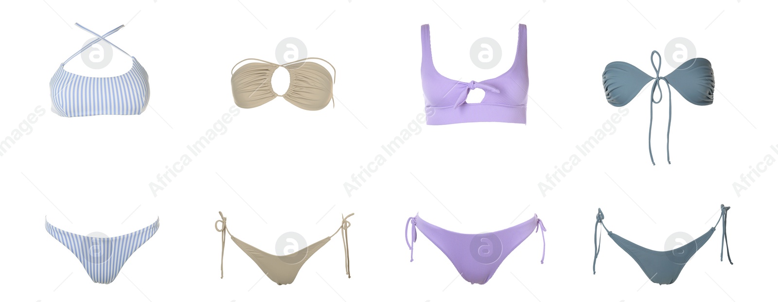 Image of Collection of different stylish bikini on white background. Banner design