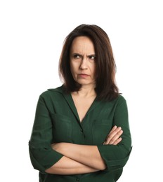 Photo of Portrait of angry woman on white background. Hate concept