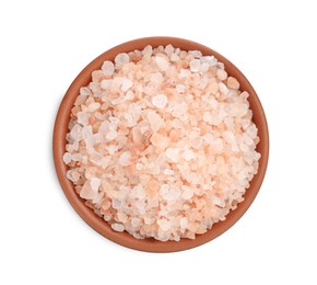 Photo of Pink Himalayan salt in bowl isolated on white, top view