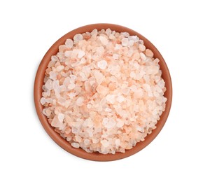 Pink Himalayan salt in bowl isolated on white, top view