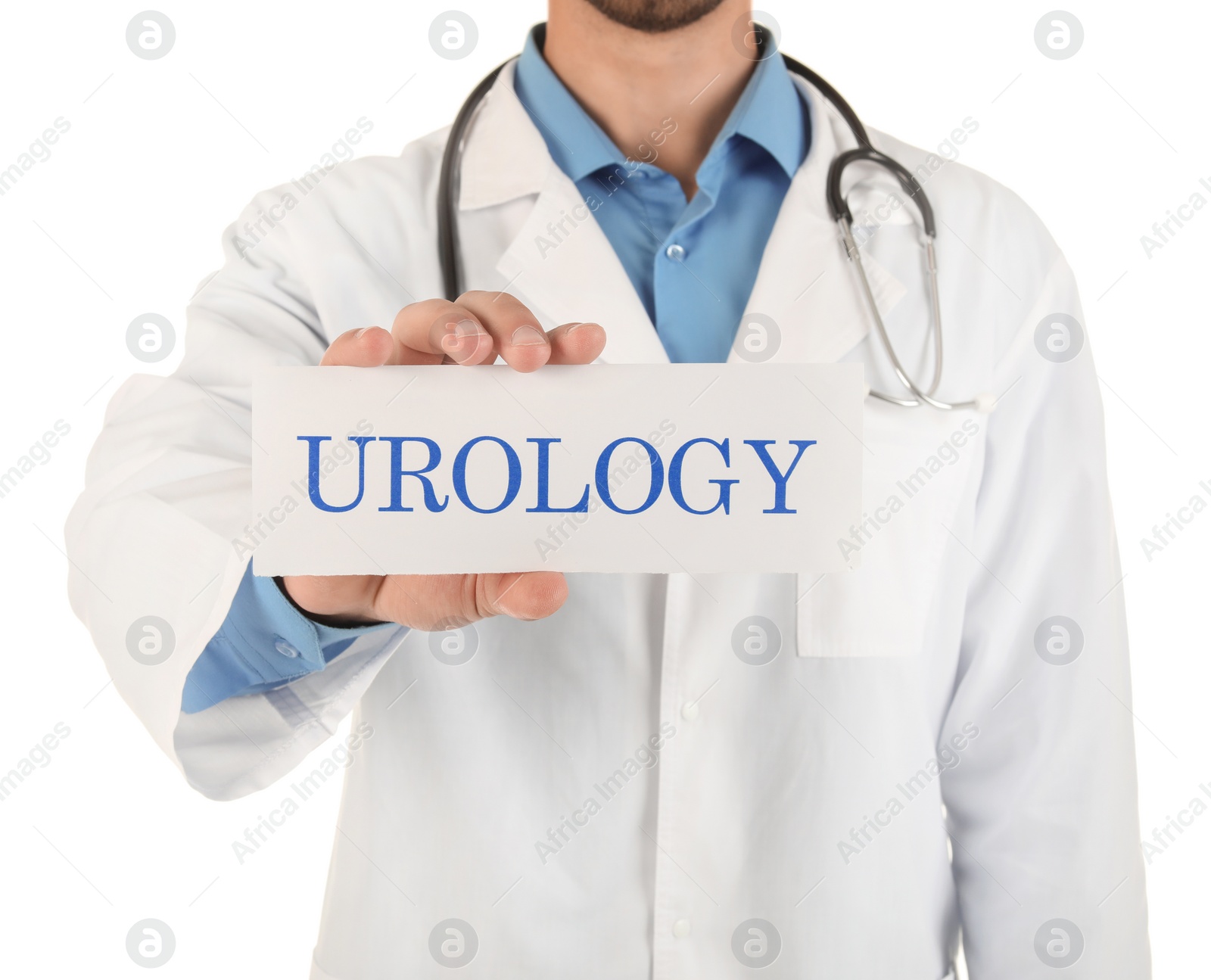 Photo of Male doctor holding paper with word UROLOGY on white background