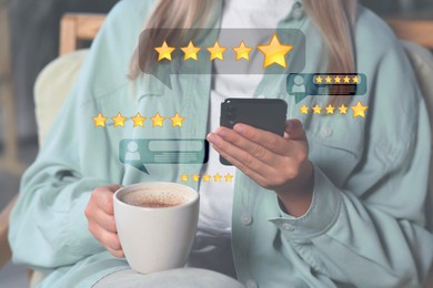 Image of Woman leaving service feedback with smartphone while drinking coffee, closeup. Reviews and stars near device