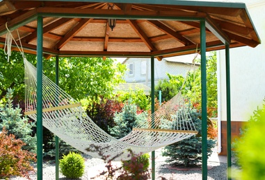 Beautiful English style garden with comfortable hammock on sunny day