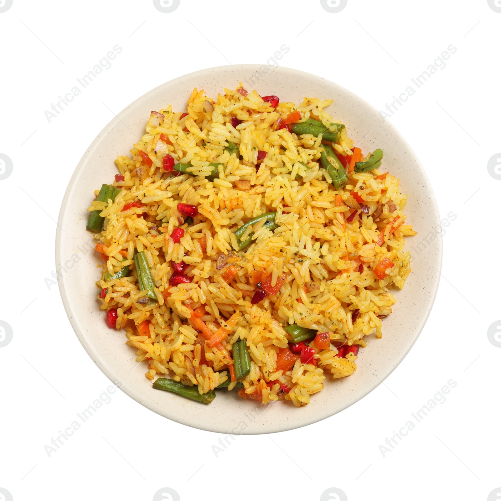 Photo of Tasty rice pilaf with vegetables isolated on white, top view