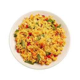 Photo of Tasty rice pilaf with vegetables isolated on white, top view