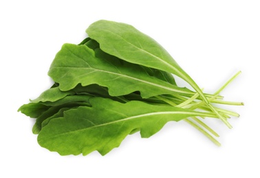 Fresh arugula on white background, top view