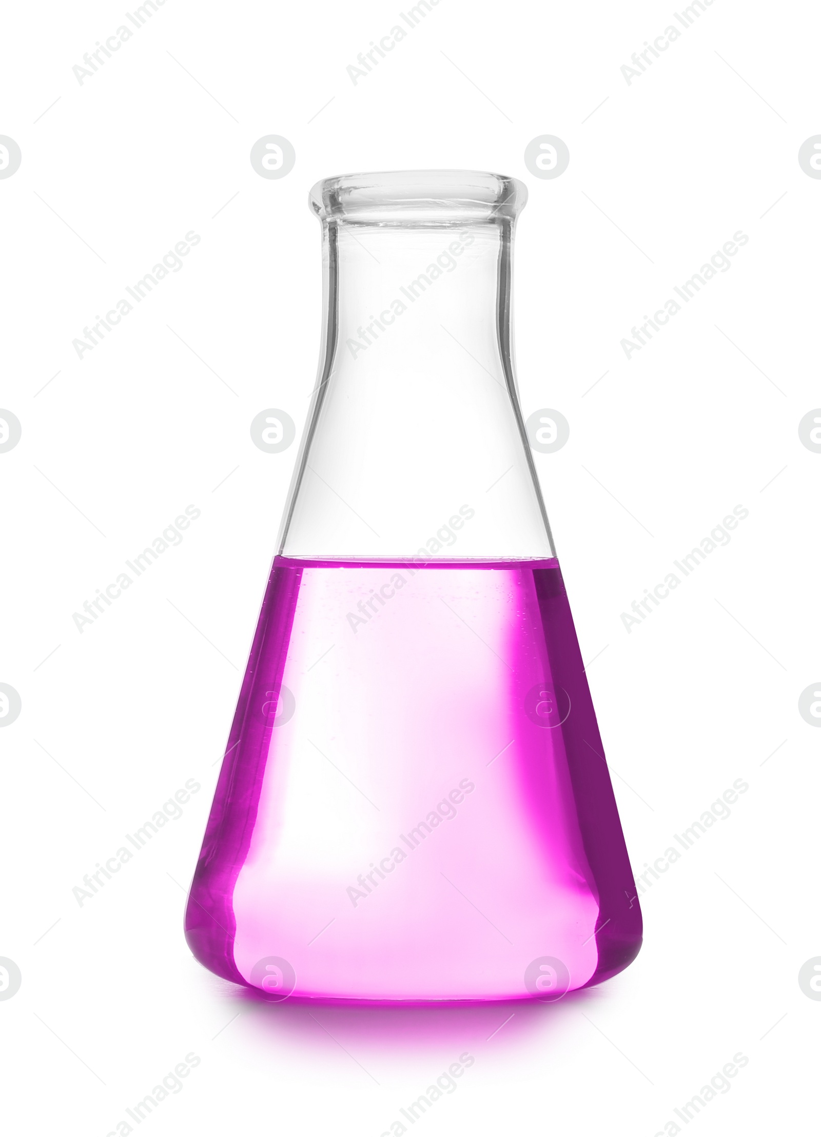 Image of Conical flask with pink liquid isolated on white. Laboratory glassware