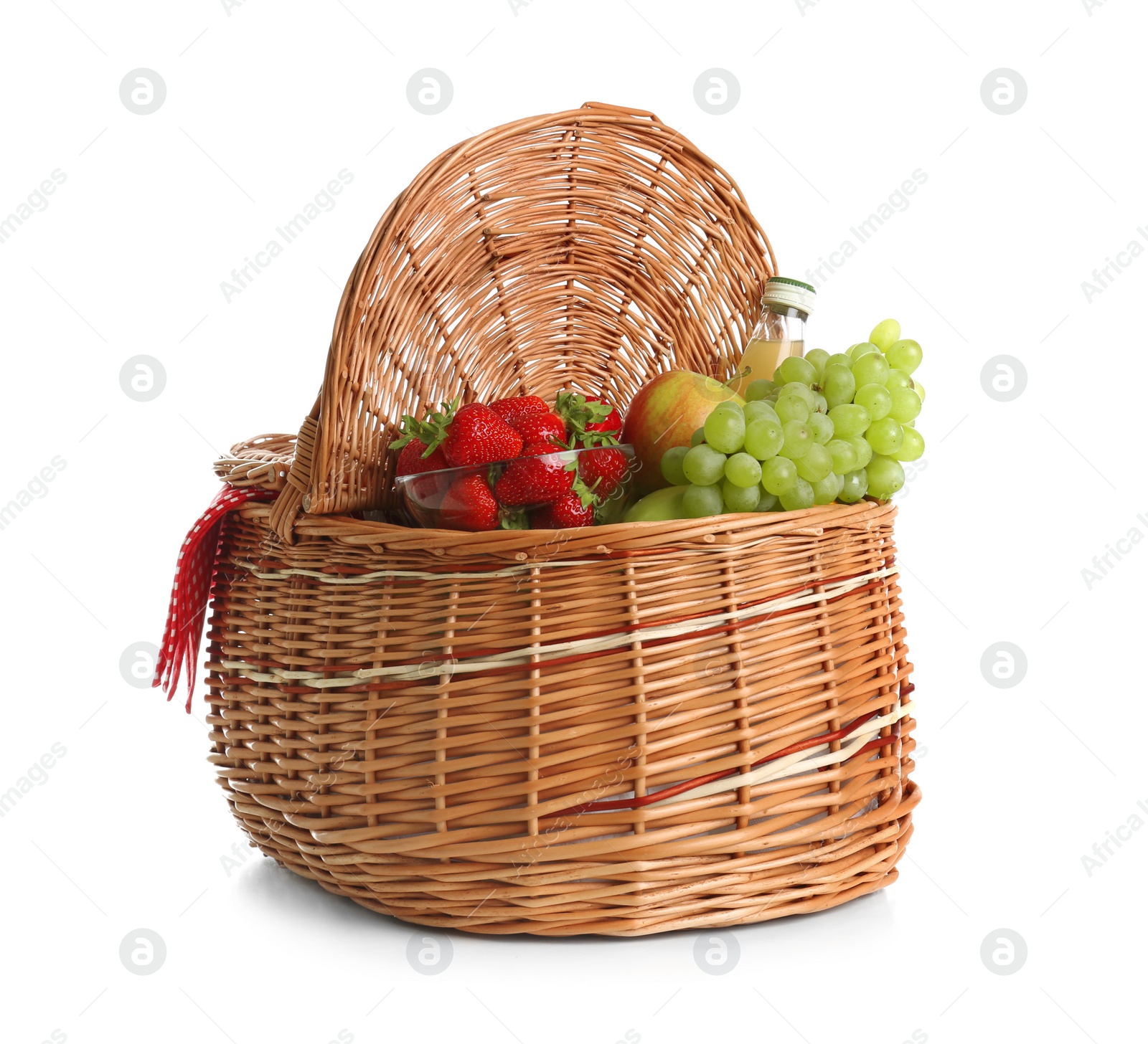Photo of Picnic basket with fruits and lemonade isolated on white