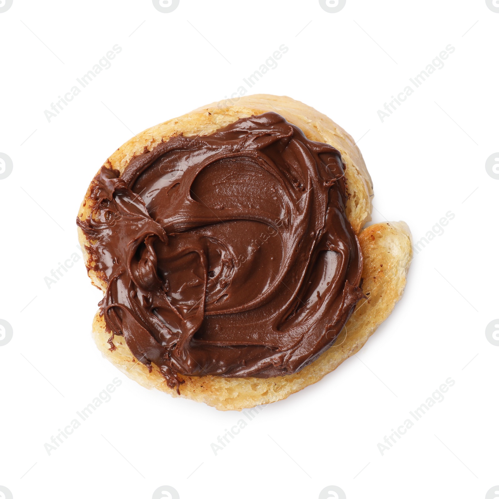 Photo of Piece of toasted bread with chocolate paste isolated on white, top view