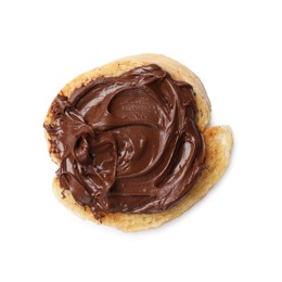 Photo of Piece of toasted bread with chocolate paste isolated on white, top view