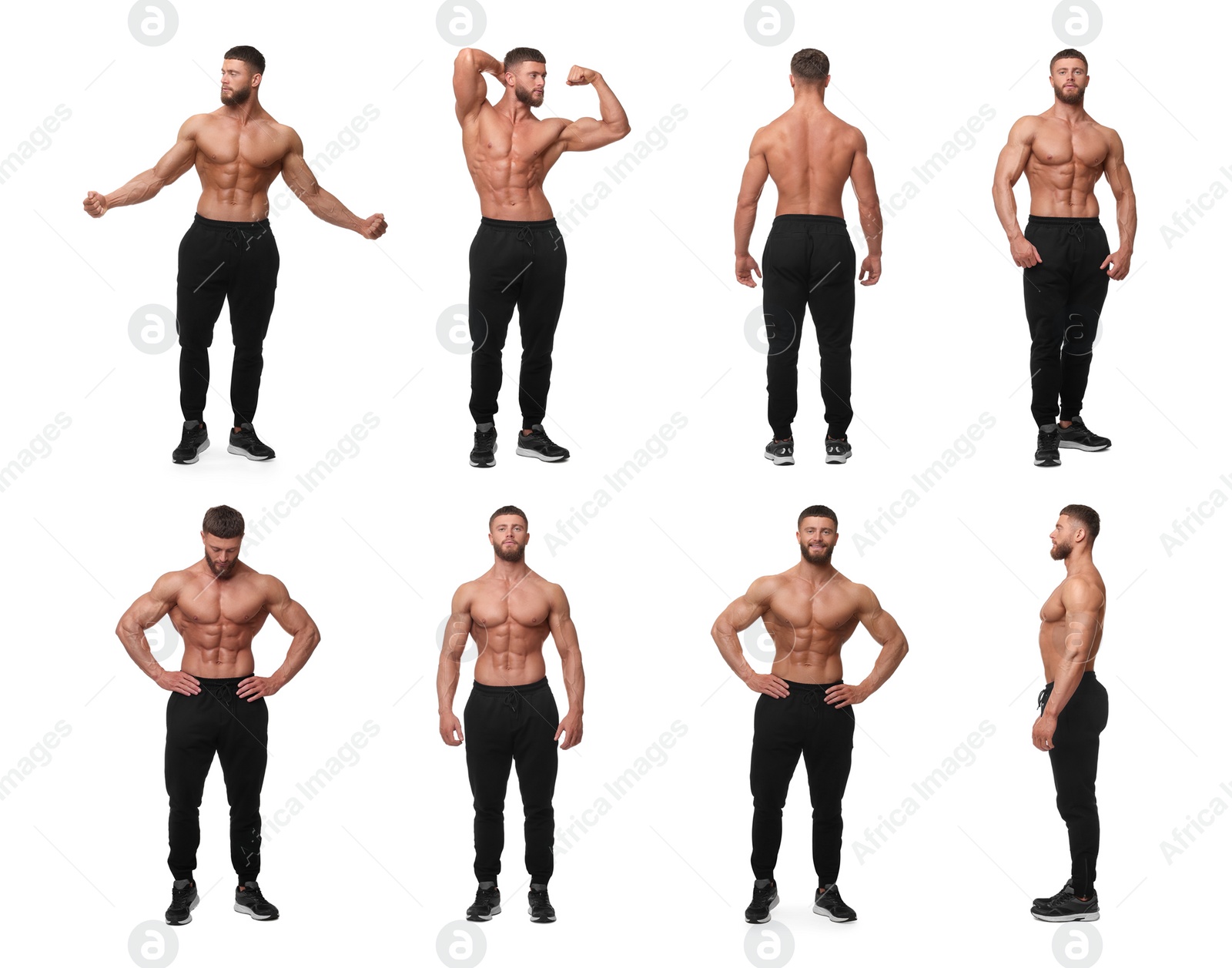 Image of Handsome bodybuilder posing on white background, set of photos