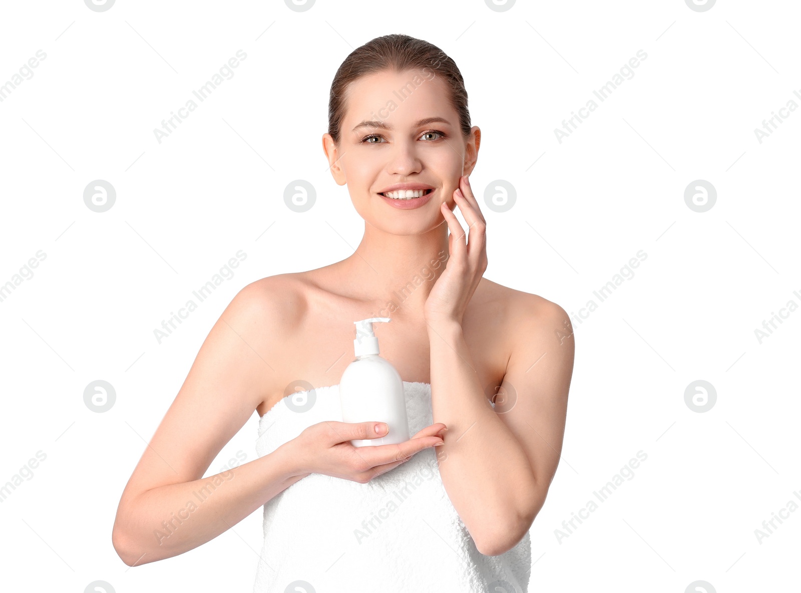 Photo of Young woman with bottle of hand cream on white background