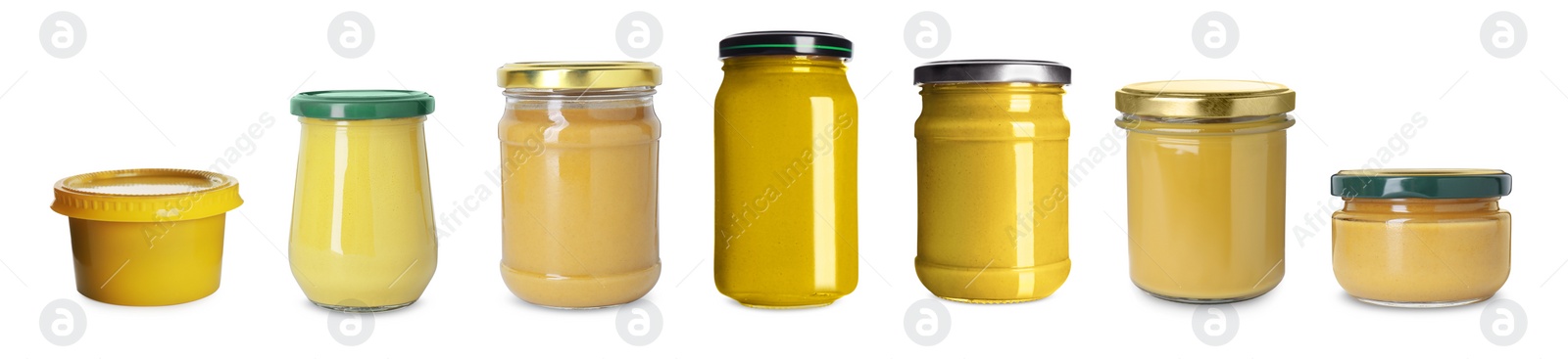 Image of Mustard sauces in jars isolated on white, set