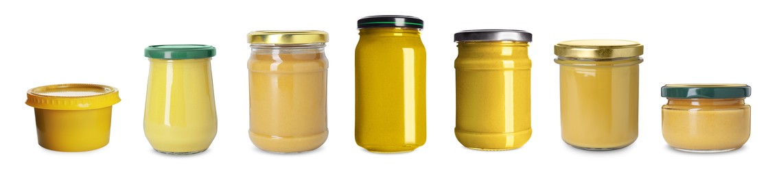 Image of Mustard sauces in jars isolated on white, set