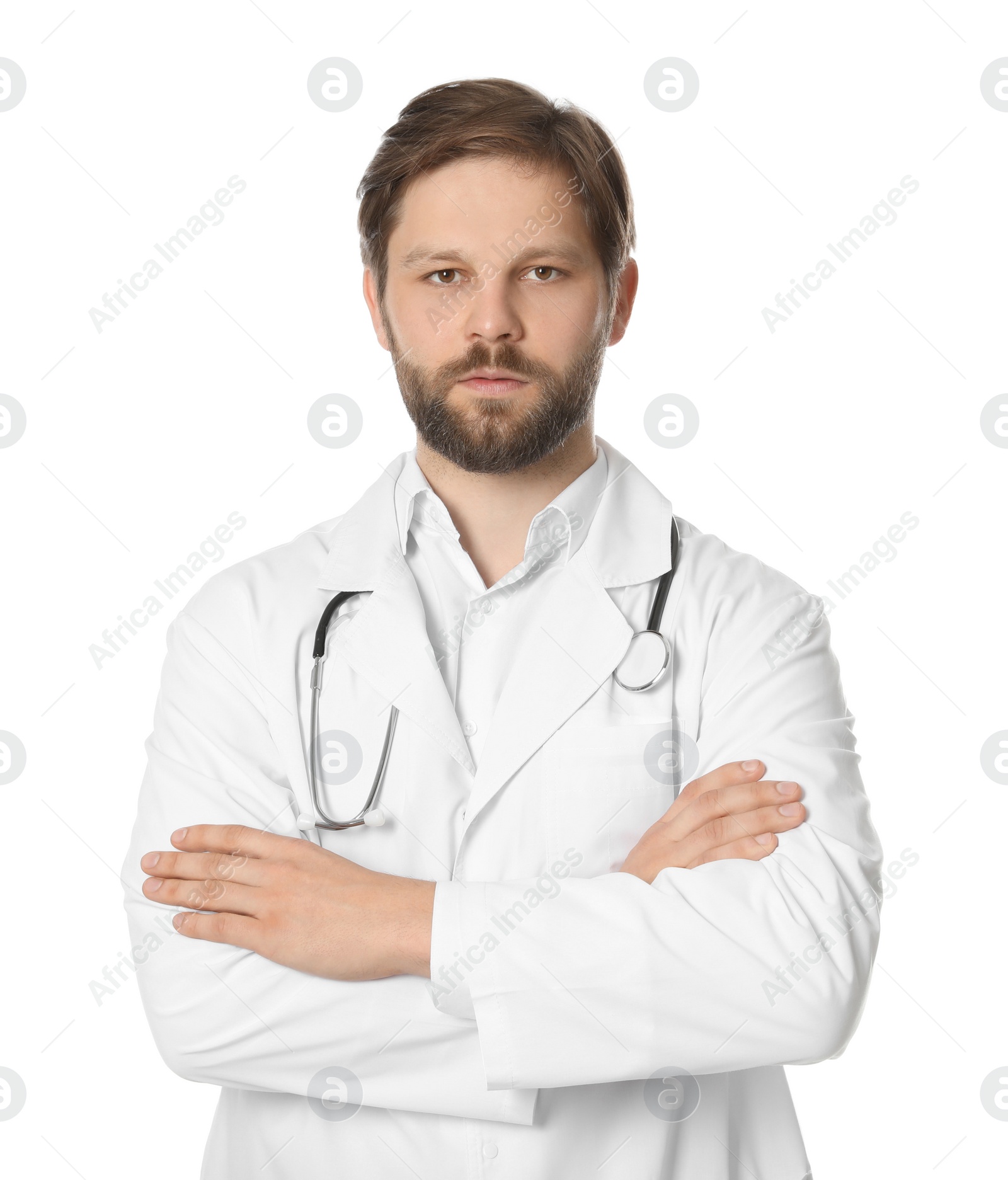 Photo of Doctor or medical assistant (male nurse) in uniform with stethoscope on white background