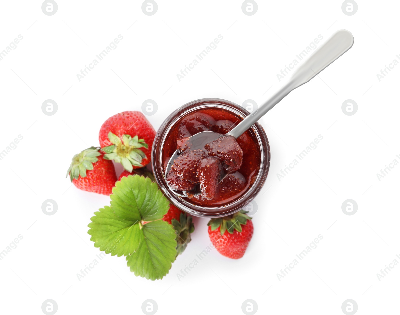 Photo of Delicious pickled strawberry jam and fresh berries isolated on white, top view