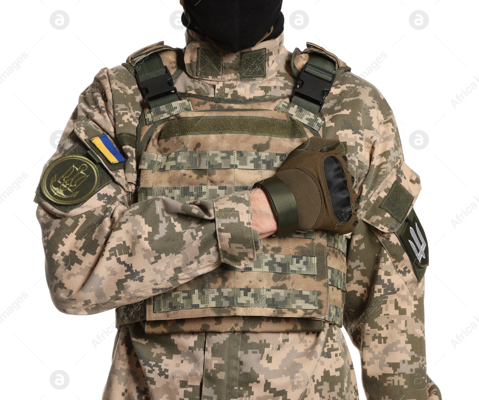 Photo of Ukrainian soldier in military uniform on white background, closeup