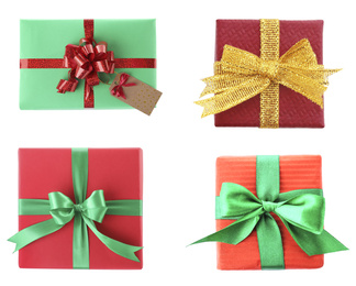 Image of Set of Christmas gift boxes on white background, top view