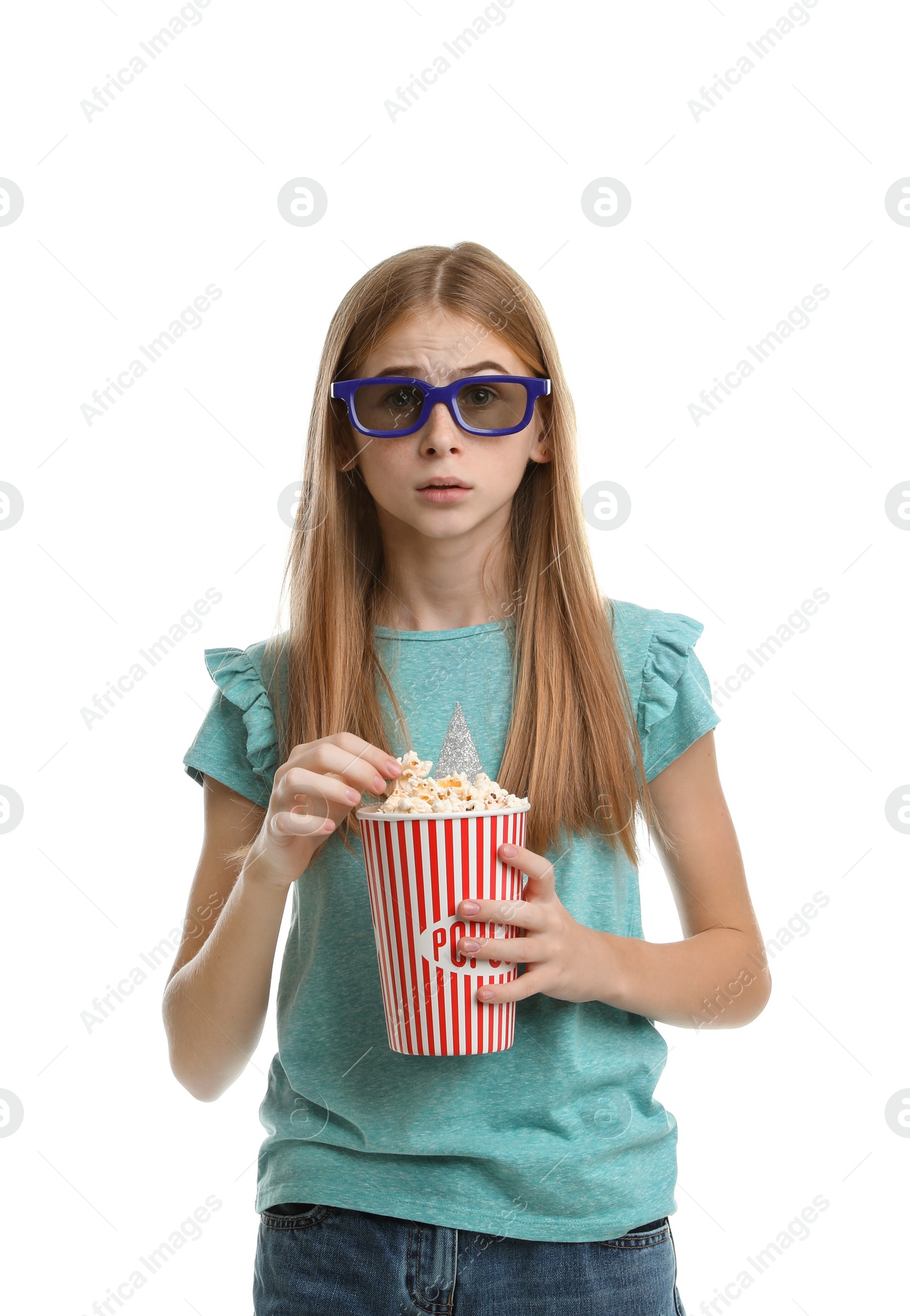 Photo of Emotional teenage girl with 3D glasses and popcorn during cinema show on white background