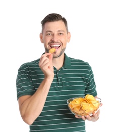 Photo of Man eating potato chips on white background