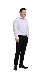 Businessman in formal clothes posing on white background
