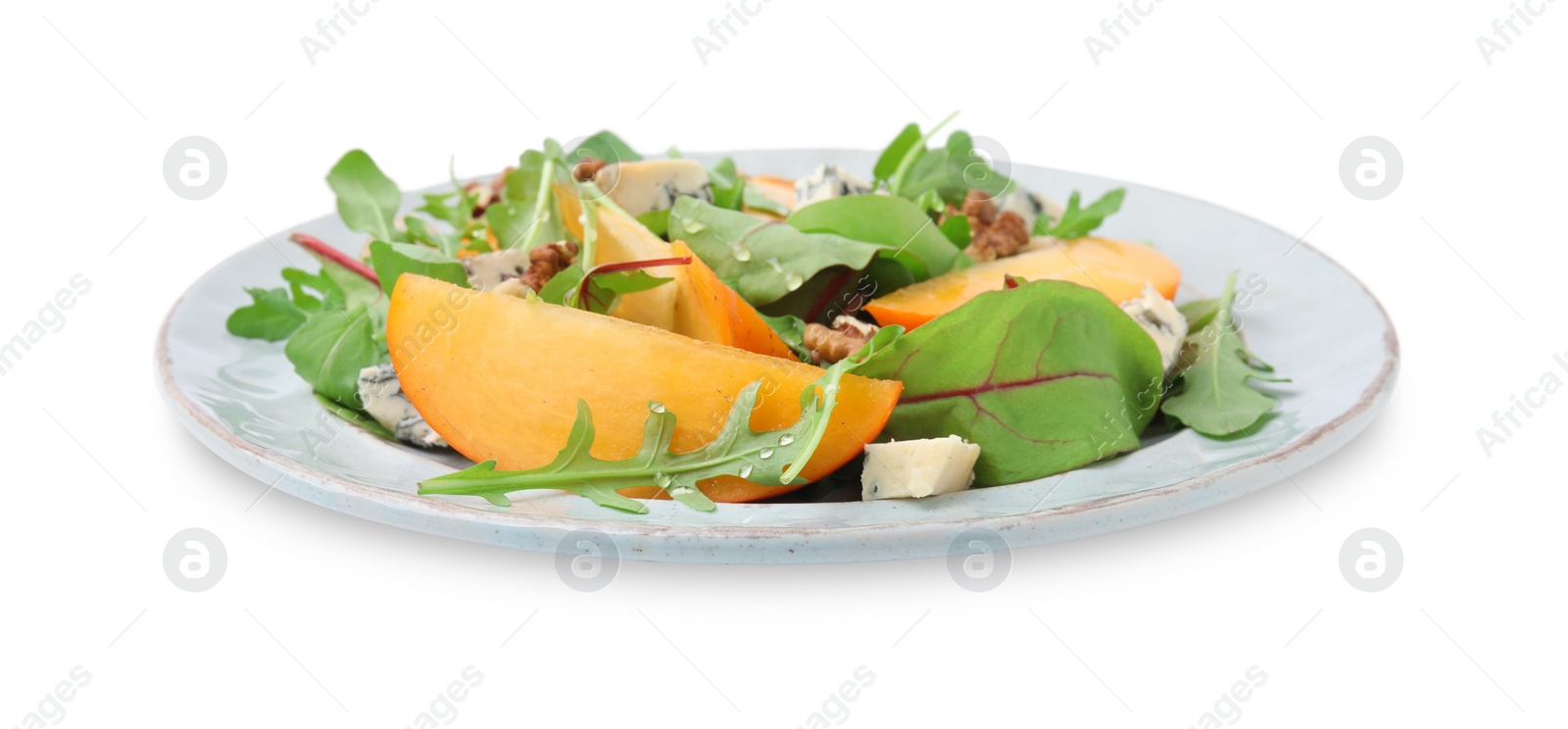 Photo of Tasty salad with persimmon, blue cheese and walnuts isolated on white