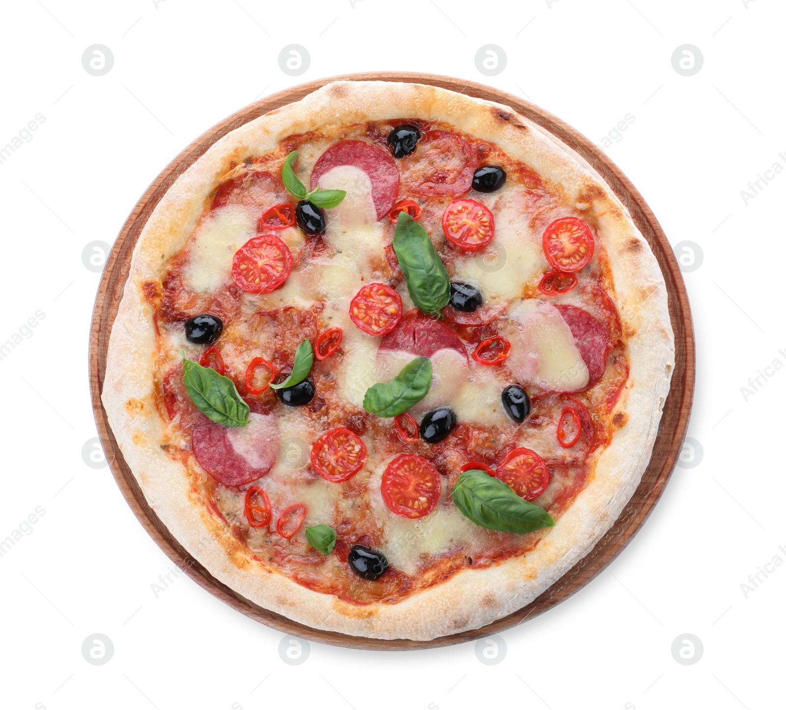 Photo of Delicious pizza Diablo isolated on white, top view