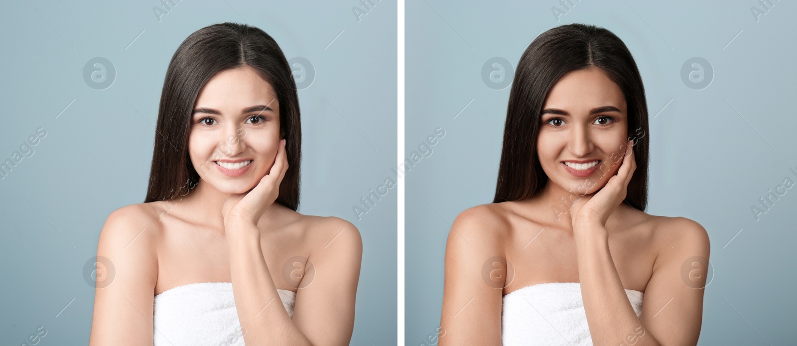 Image of Collage with photos of beautiful young woman before and after indoor tanning on light grey background. Banner design