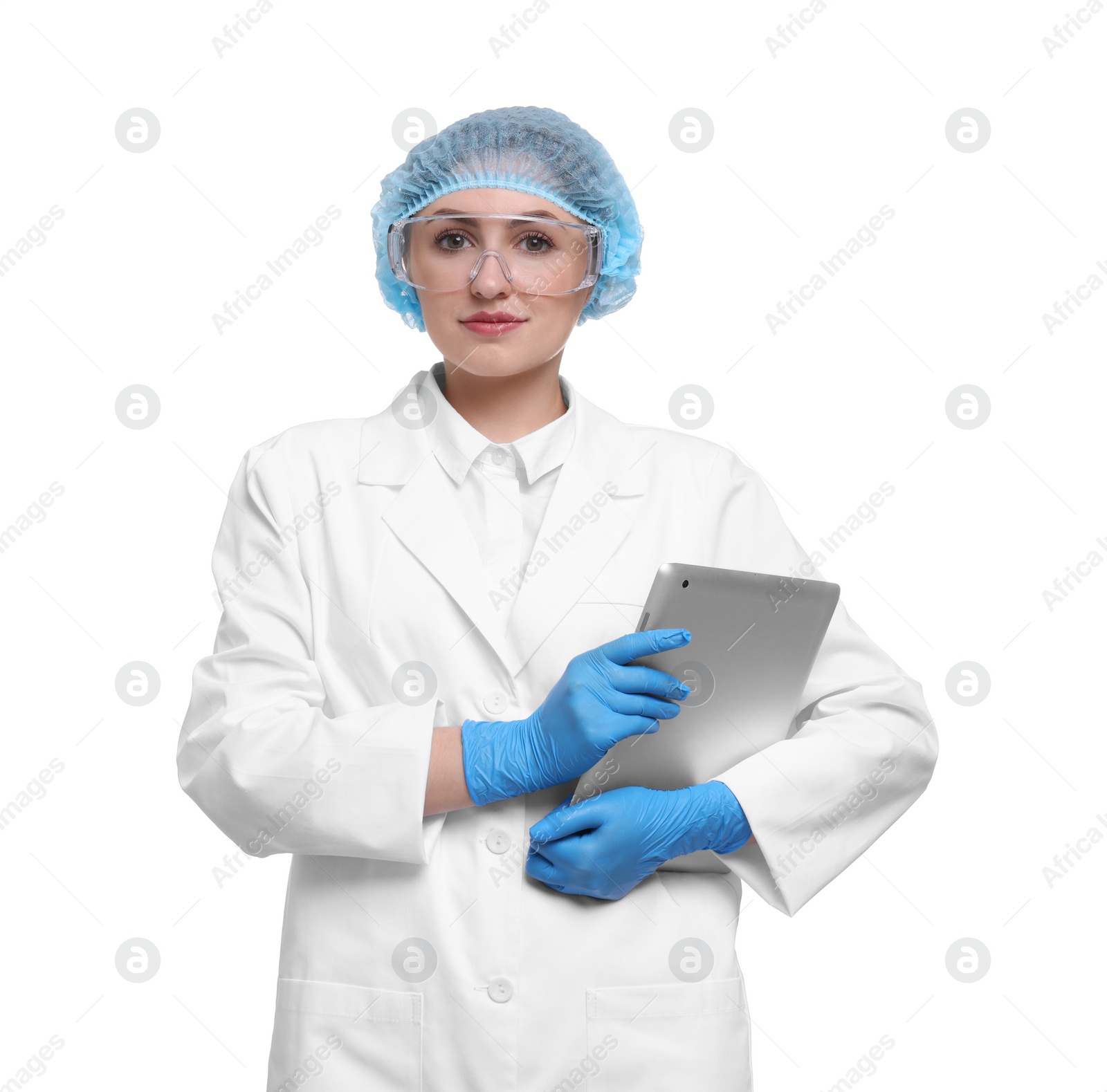 Photo of Quality control. Food inspector with tablet on white background