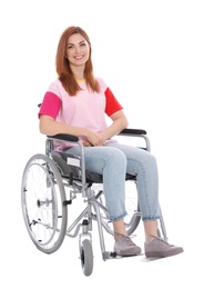 Photo of Beautiful woman in wheelchair isolated on white