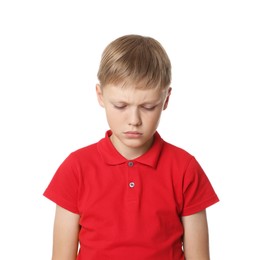 Photo of Upset boy on white background. Children's bullying