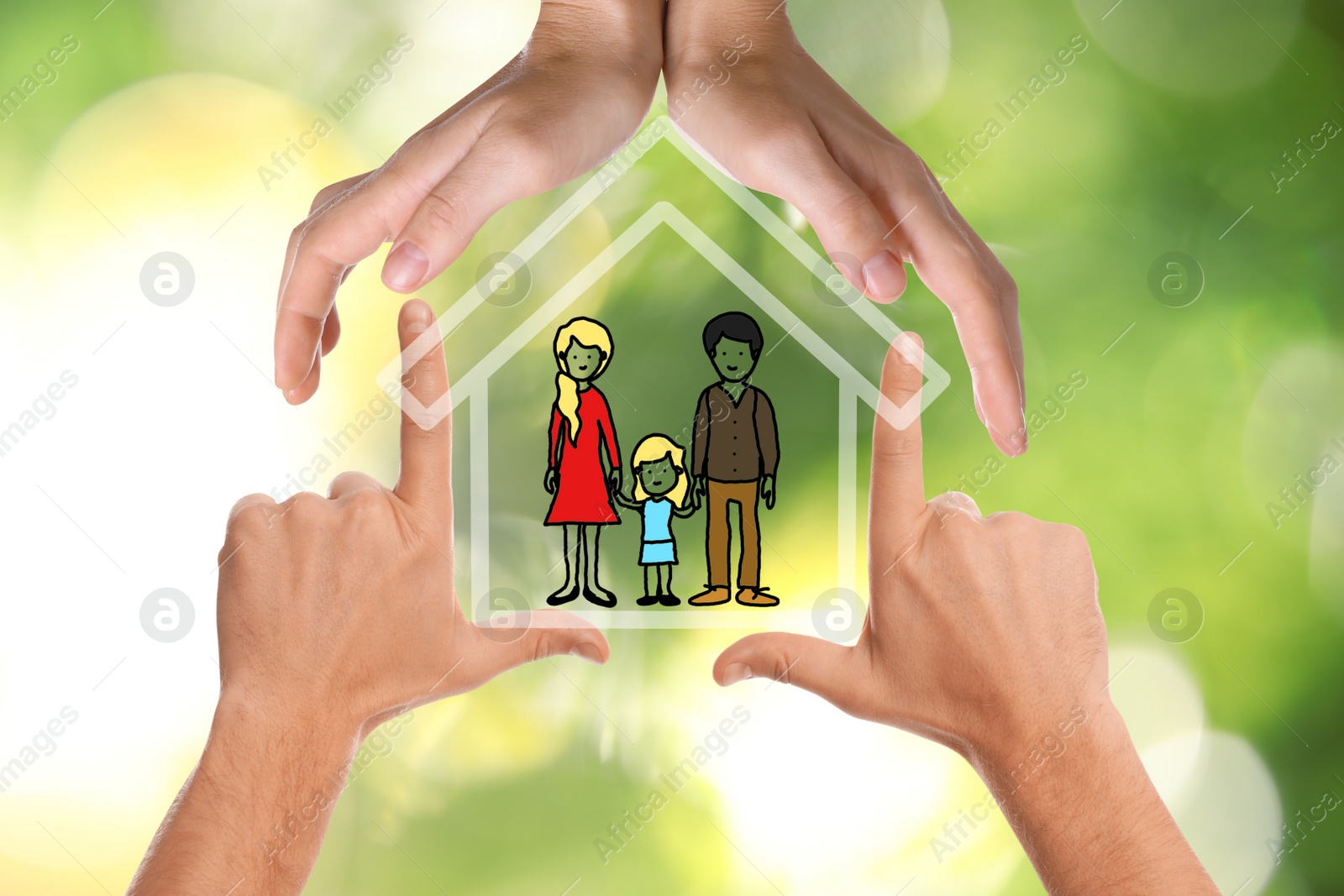 Image of People forming house with their hands and illustration of family on blurred green background, closeup