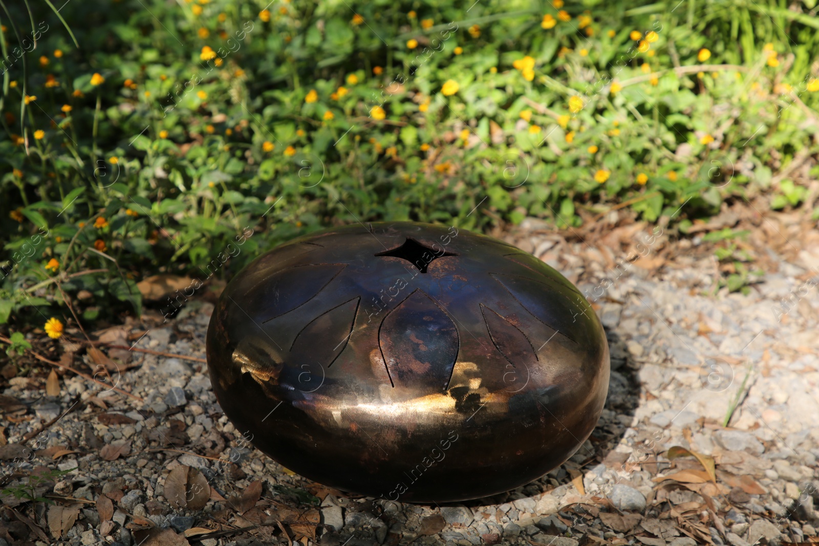 Photo of Steel tongue drum on ground outdoors. Percussion musical instrument