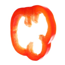 Slice of ripe red bell pepper on white background