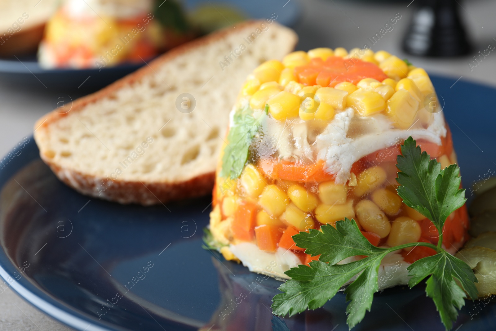 Photo of Delicious fish aspic with parsley on plate, closeup