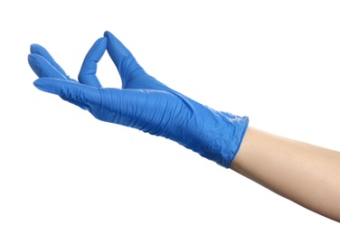 Photo of Woman in blue latex gloves holding something on white background, closeup of hand