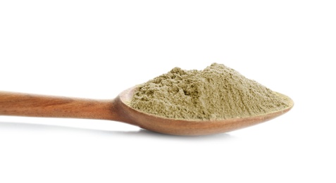 Spoon with hemp protein powder on white background